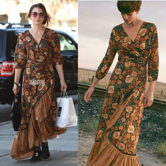 Farm Rio Madrid Maxi Dress Anthropologie Floral Gold Yellow‎ Wrap High Low XS - Picture 12 of 12